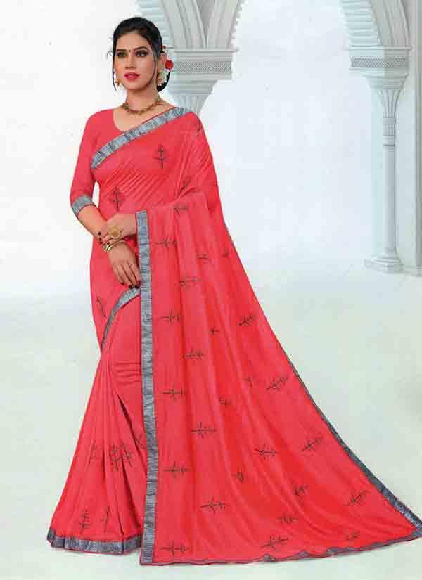 Pink Sequins & Thread Work Lycra Vichitra Silk Saree With Silver Border