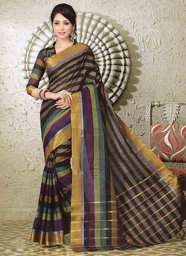 Striped Cotton Silk Saree With Golden Border
