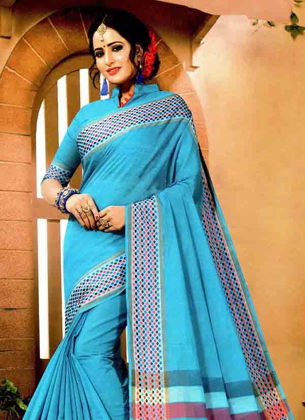 Pure South Cotton Saree In Sky Blue