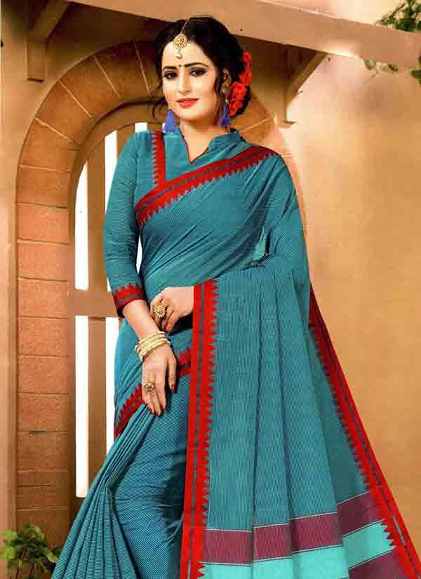 Pure South Cotton Saree In Teal Blue