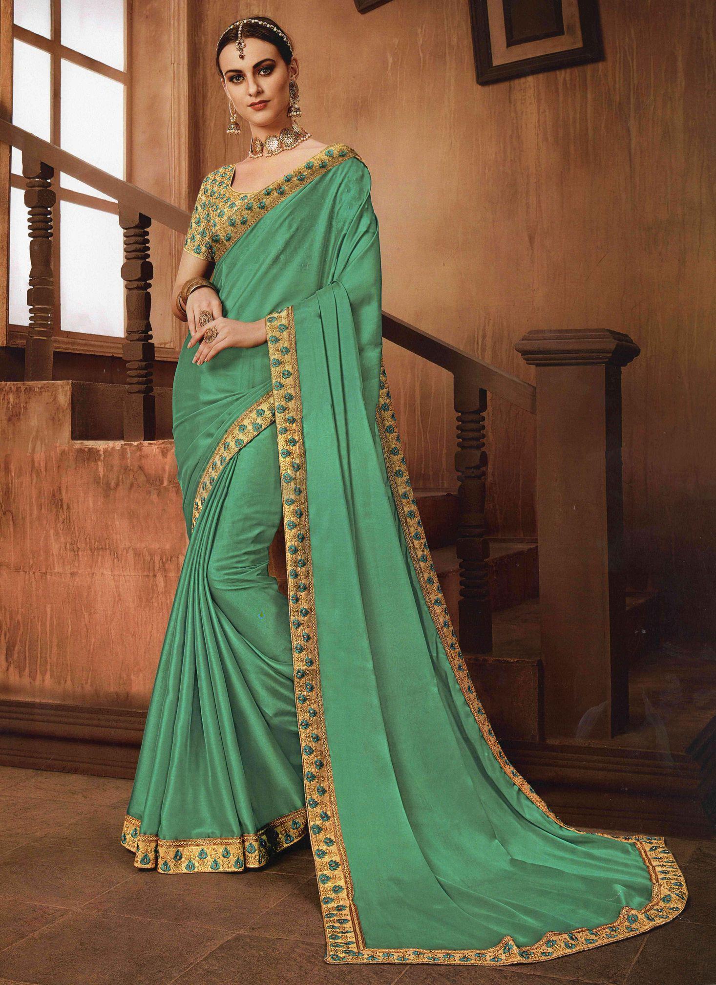 Pre Stitched Lycra Saree in Sea Green : SDVA414