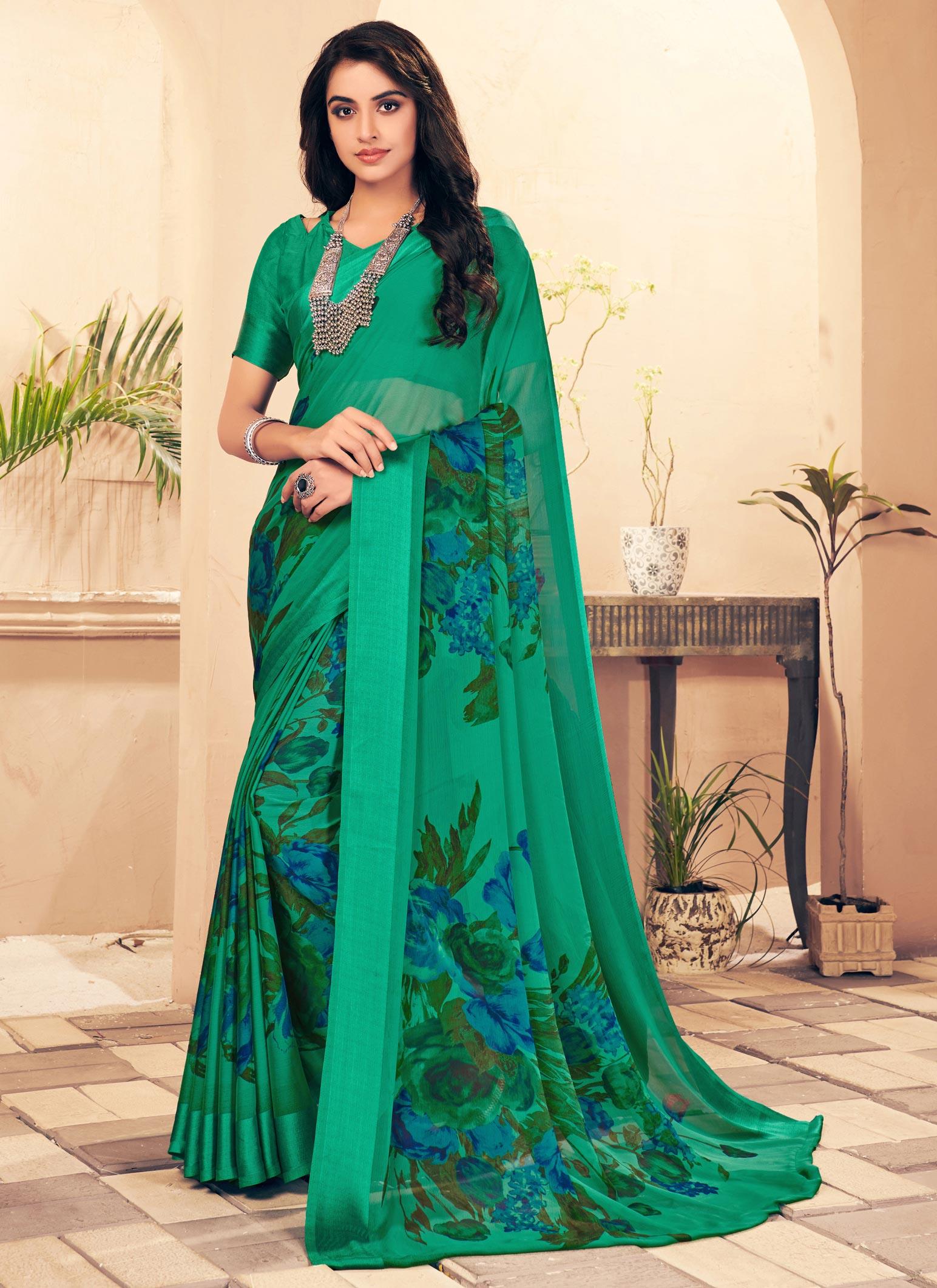 Image result for plain bottle green silk saree | Chiffon saree, Designer  dresses indian, Indian saree blouses designs
