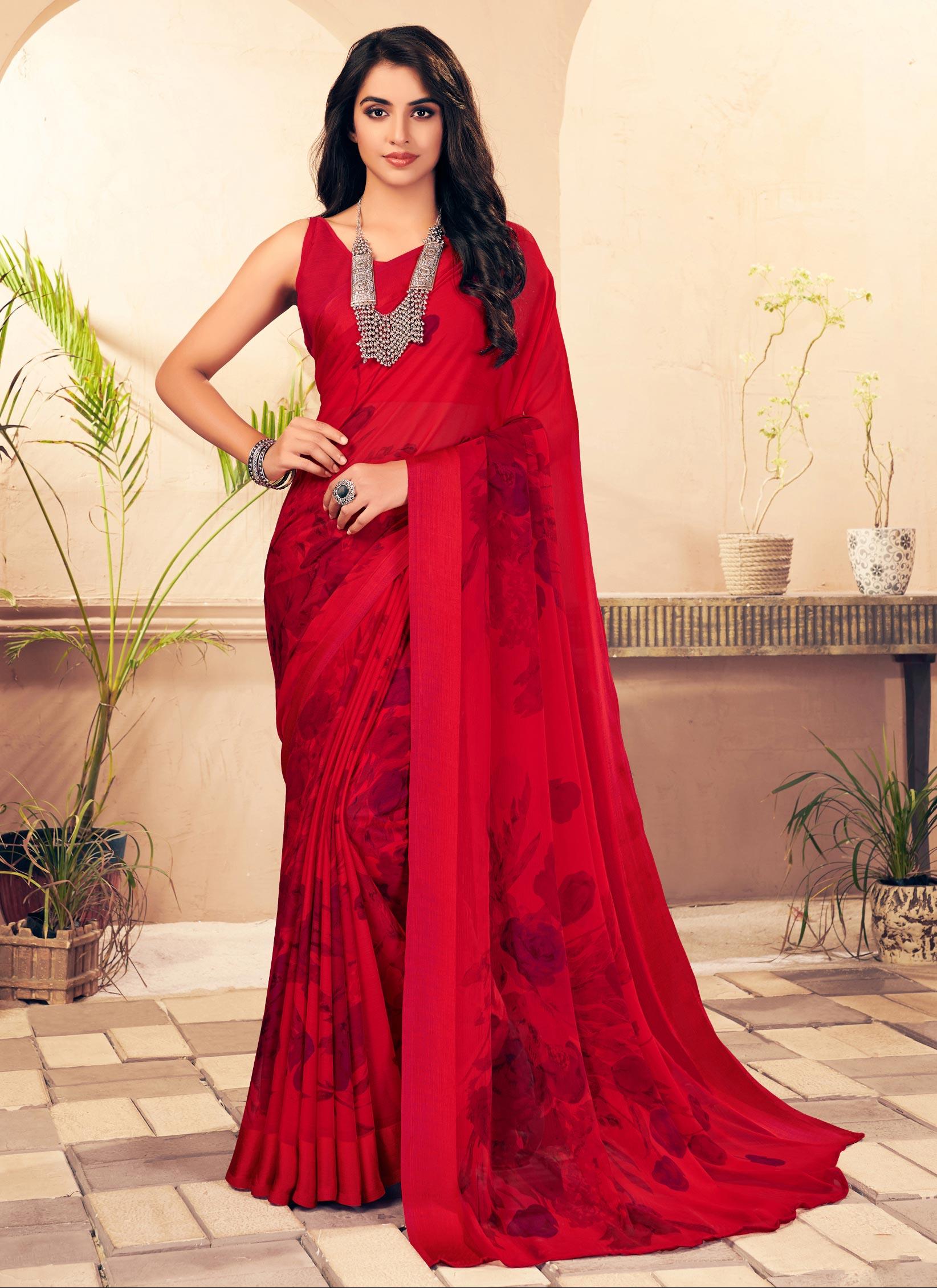 Buy Urban Red Pure Chiffon Saree online in India at Best Price | Aachho –  USA Aachho