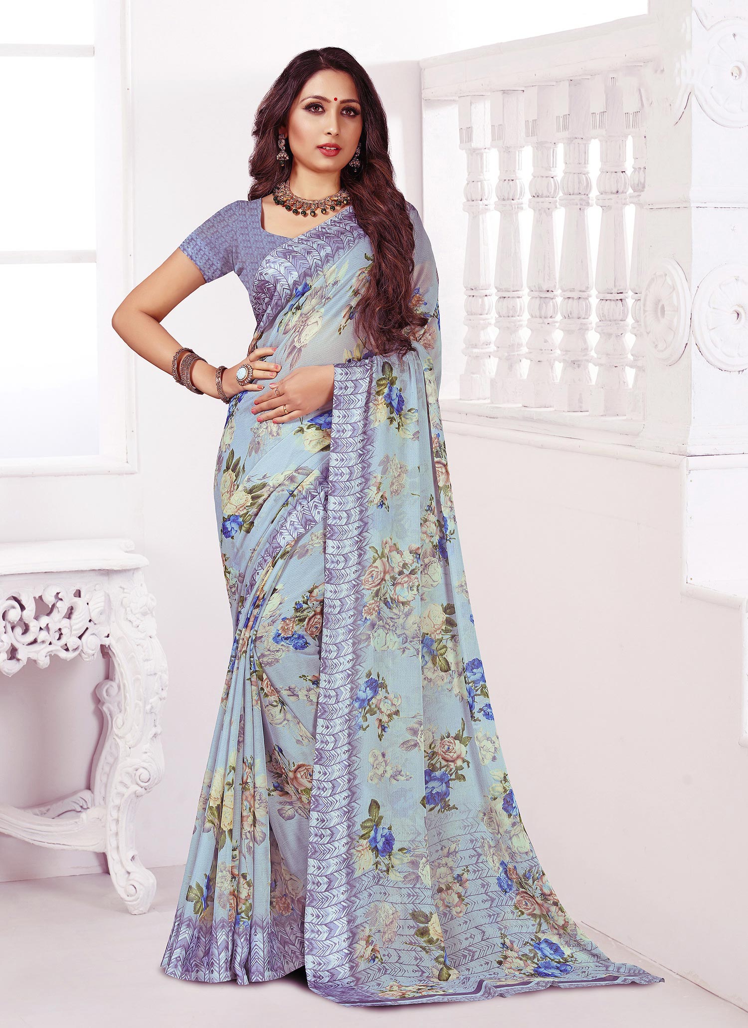 Blue Casual Wear Floral Printed Chiffon Saree With Fancy Blouse