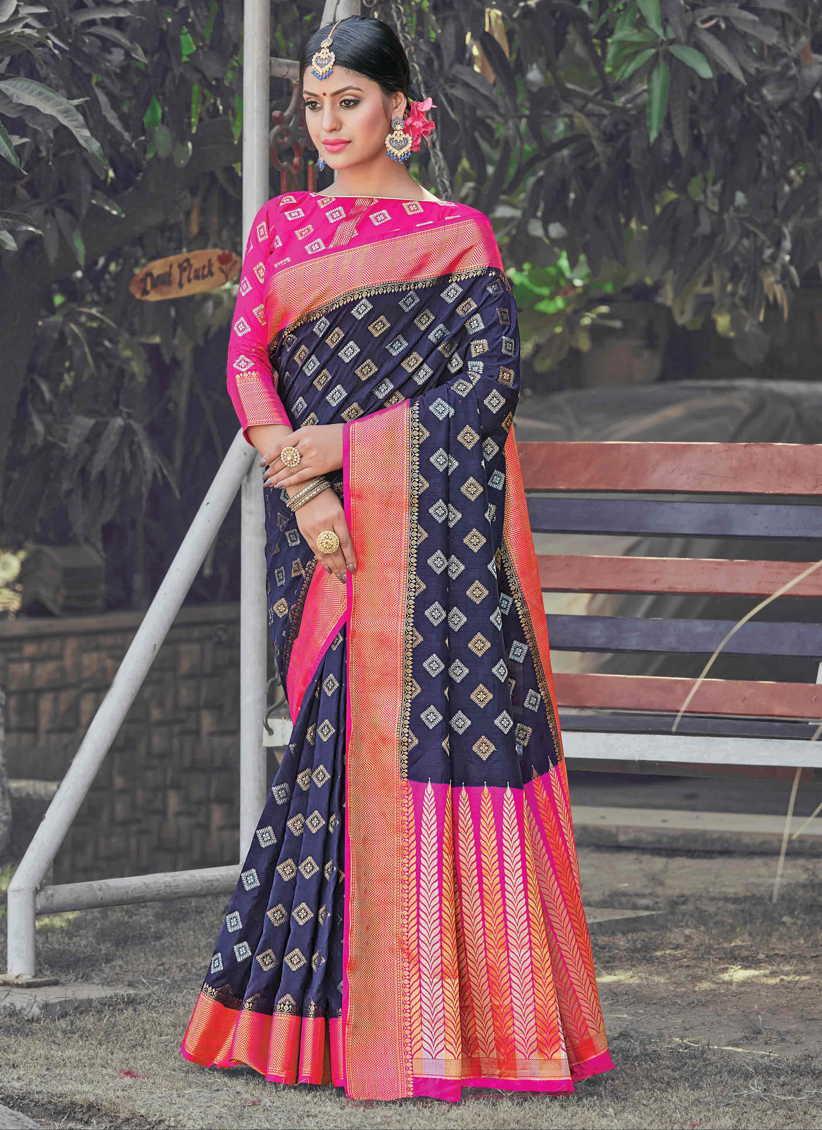 Bandhej Printed Satin Saree in Navy Blue : SSF23565