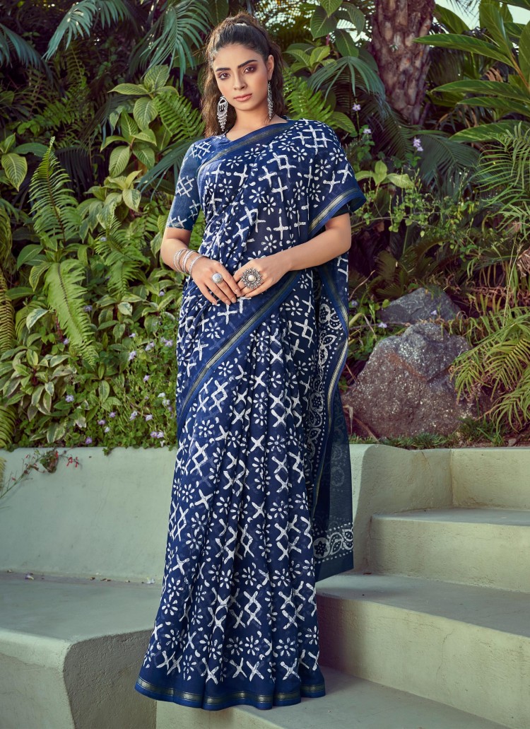 Bombay Indigo - Dabu Hand Block Print Mulmul Cotton Bagru Saree