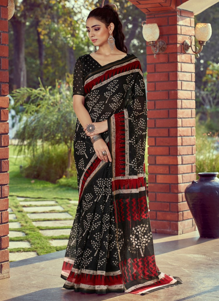 Buy Modern color block design Slab pure cotton and soft fabric with out  blouse handloom saree with handloom mark3 (Black Red) at