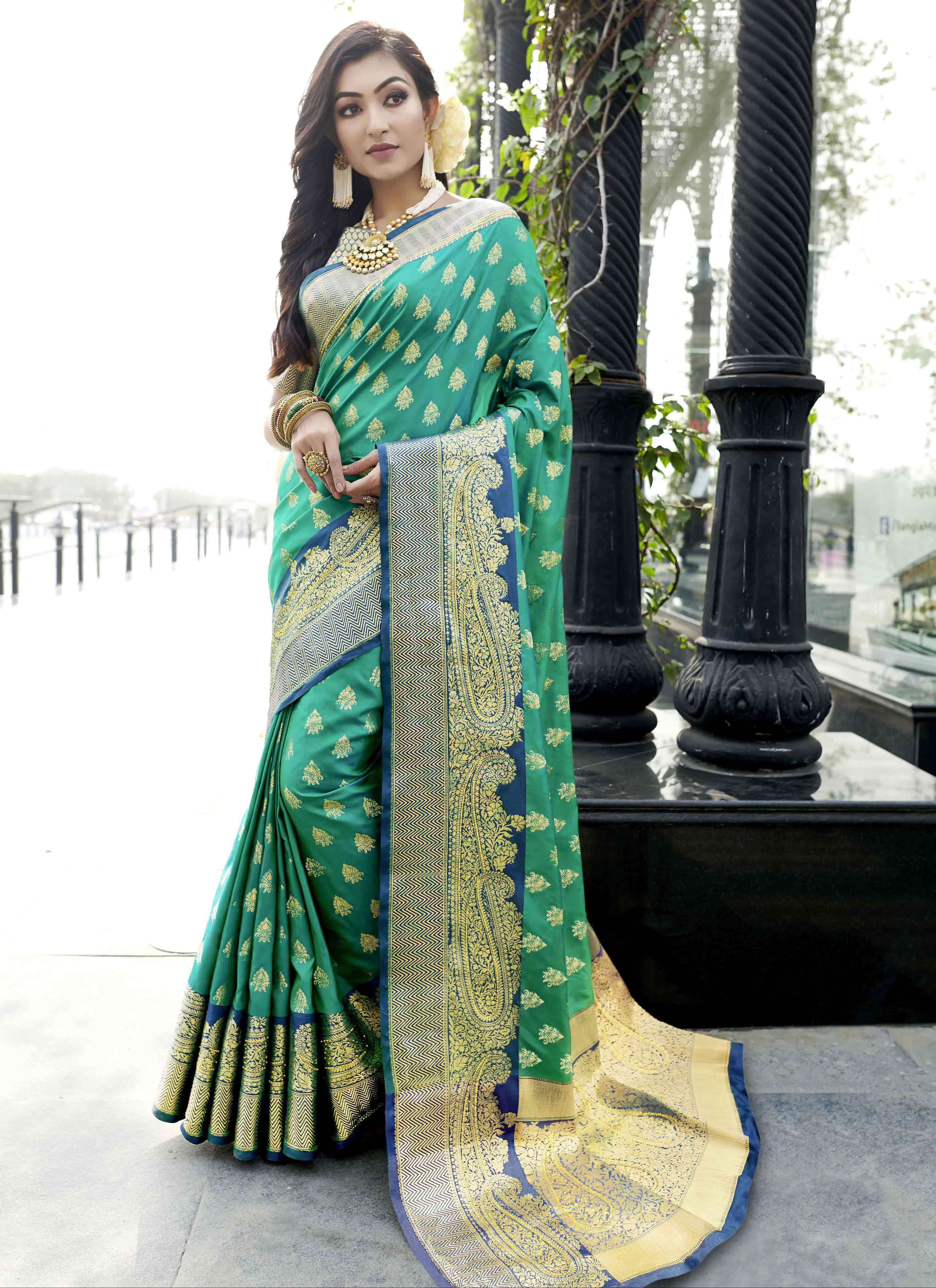 PURE BANARAS COTTON KORA Peacock Green & Bottle Green Combination –  Gayathri Reddy Traditional Designer Studio