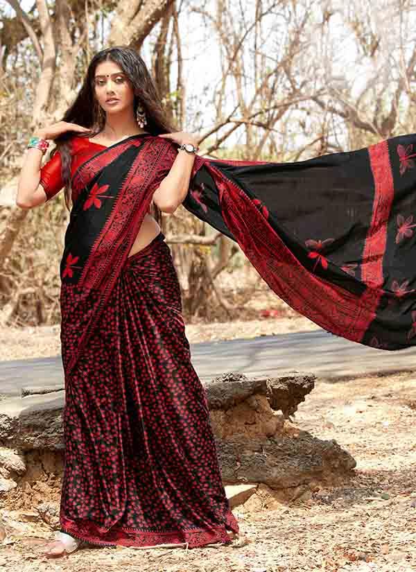 Black & Red Pure Satin Silk Saree