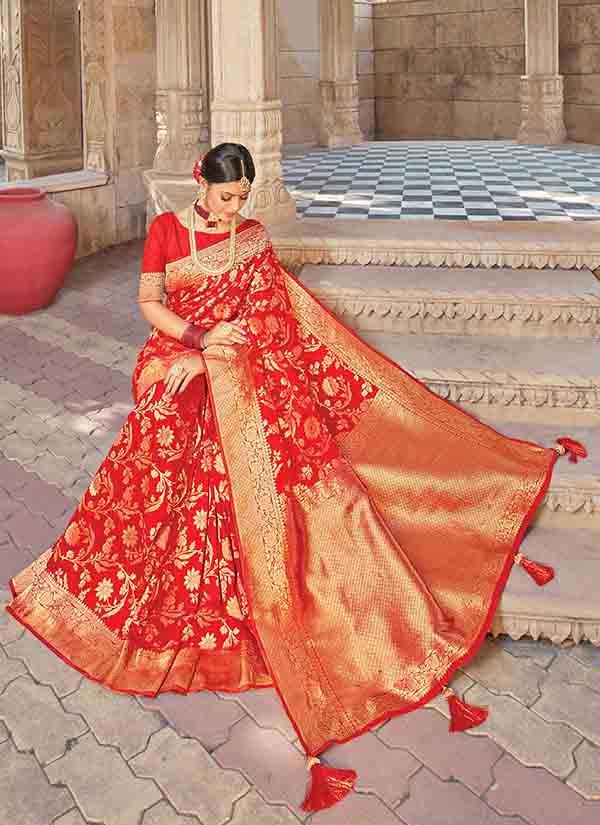 Pure Silk Red Jaal Work Saree