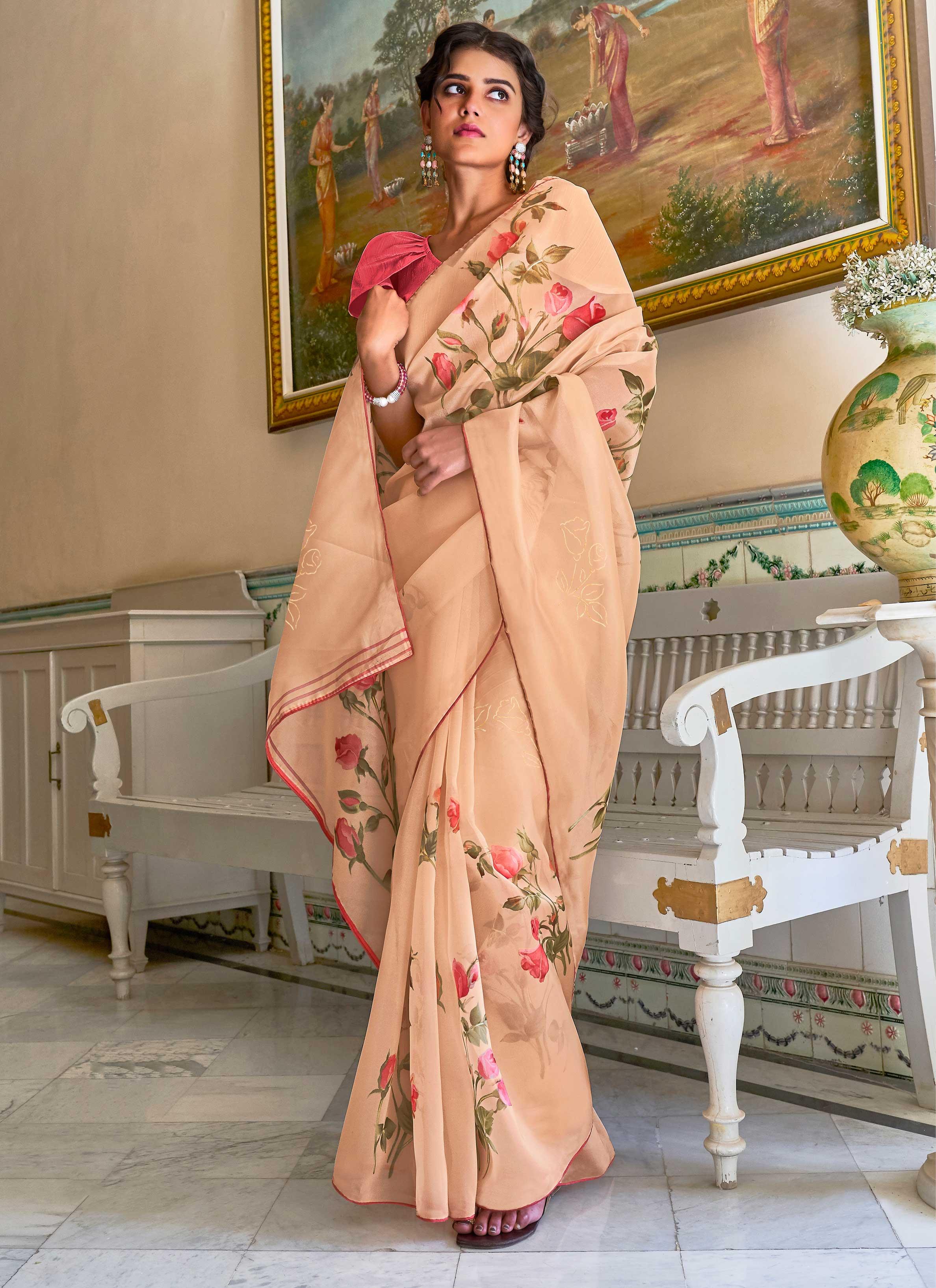 Peach Colour Saree with Black Border | Office Wear Saree