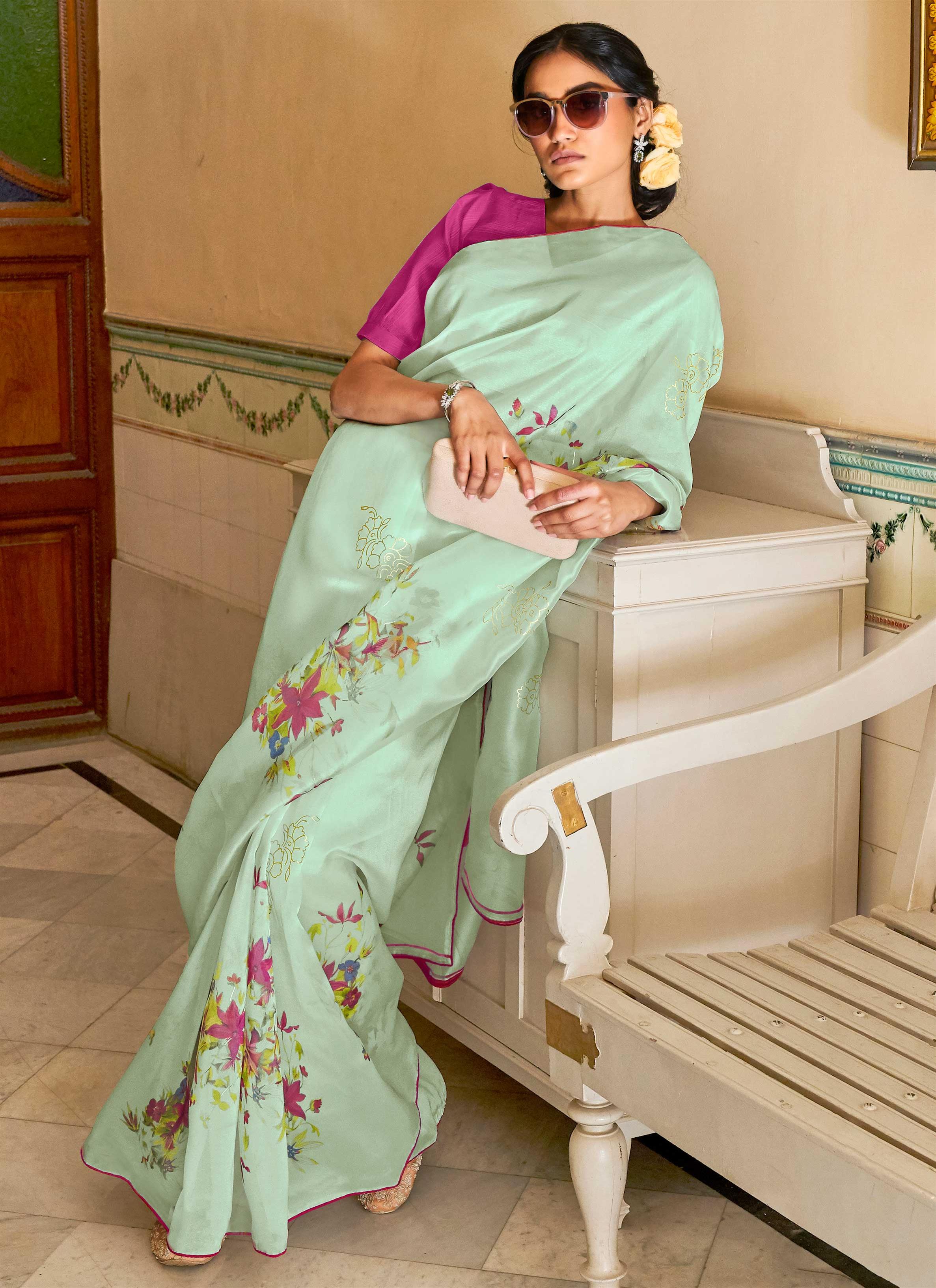 Mint Green with Pink Applique Organza Saree Set | Organza saree, Latest  model blouse designs, Saree designs party wear