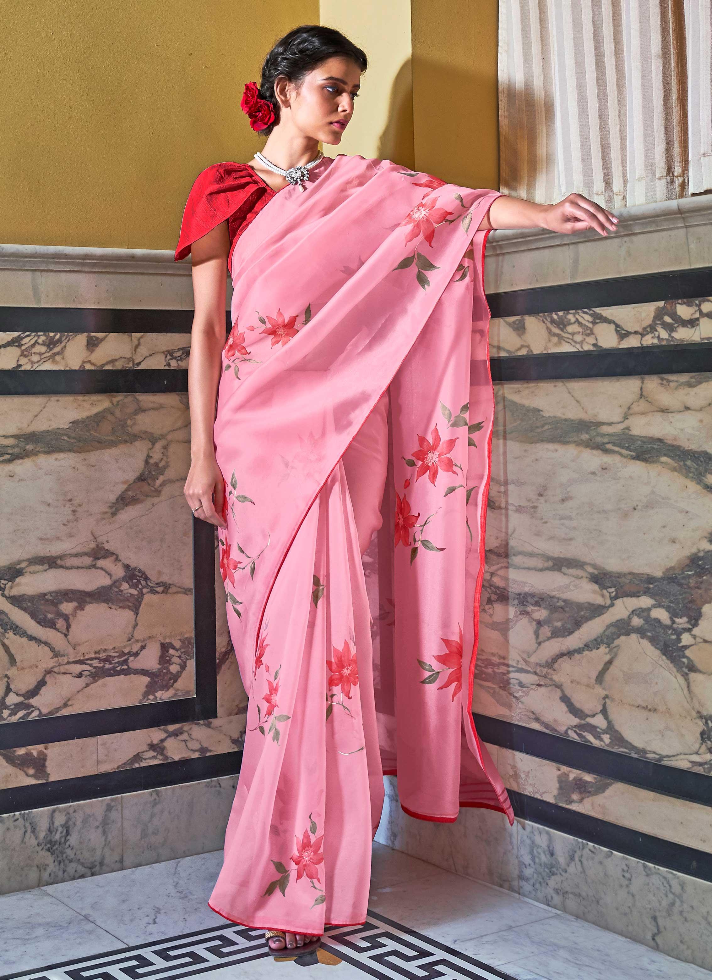 Buy Rouge Pink Cutdana Embroidered Saree In Organza With Floral Print KALKI  Fashion India