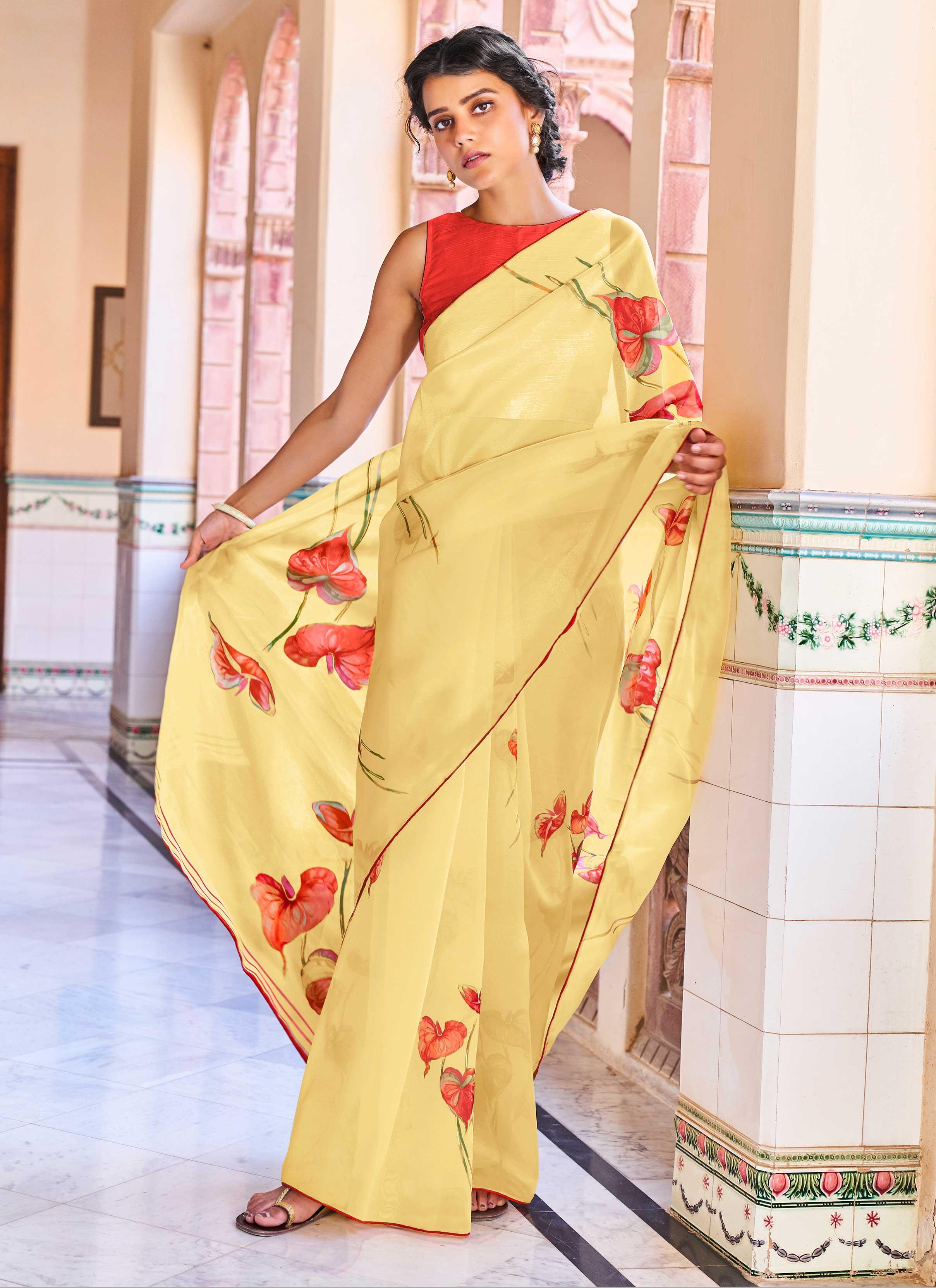 Yellow organza saree with blouse 21001