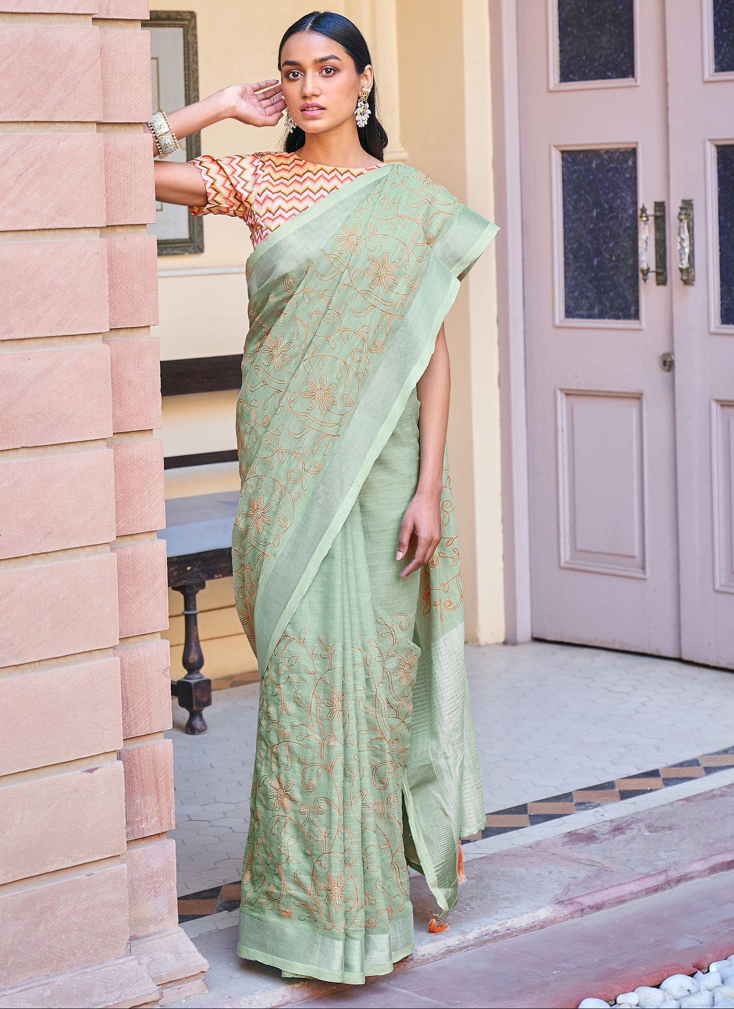 Mint Green Woven Linen Saree With Khadi Print Blouse – Zari Banaras