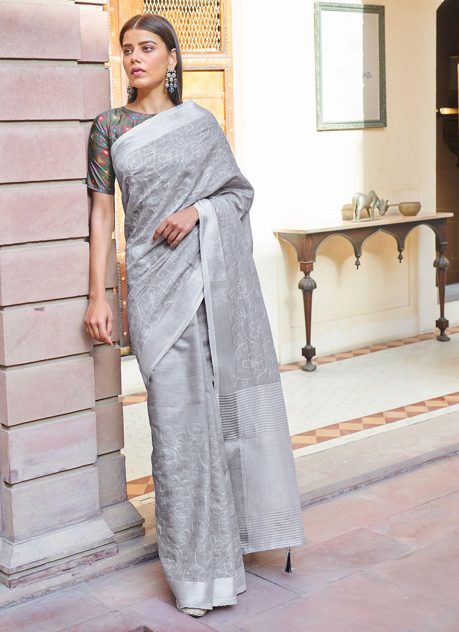 Designer Grey Colour with Designer Blouse Linen Saree Online