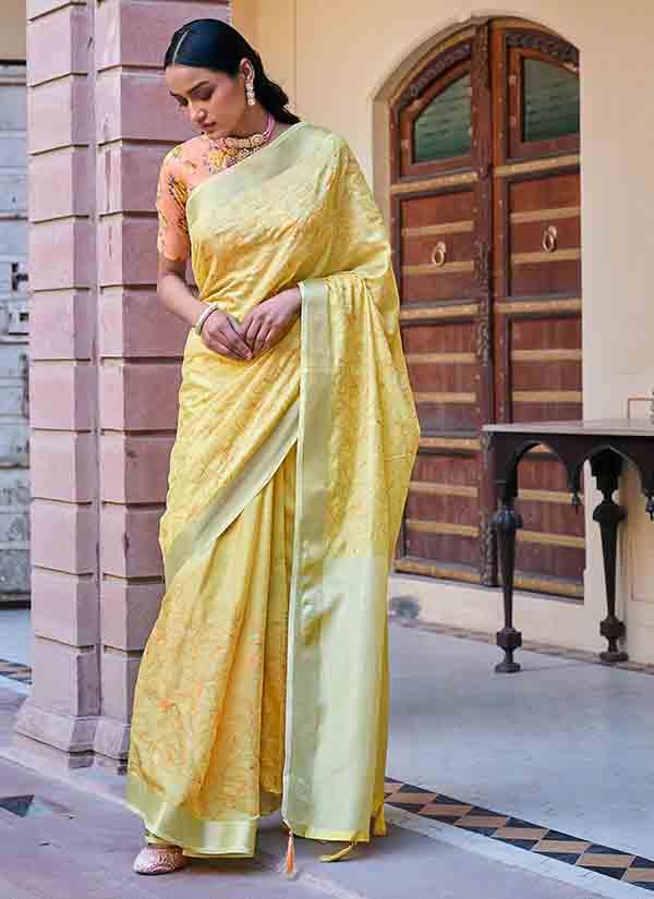 Fine Resham Embroidered Yellow Soft Linen Saree