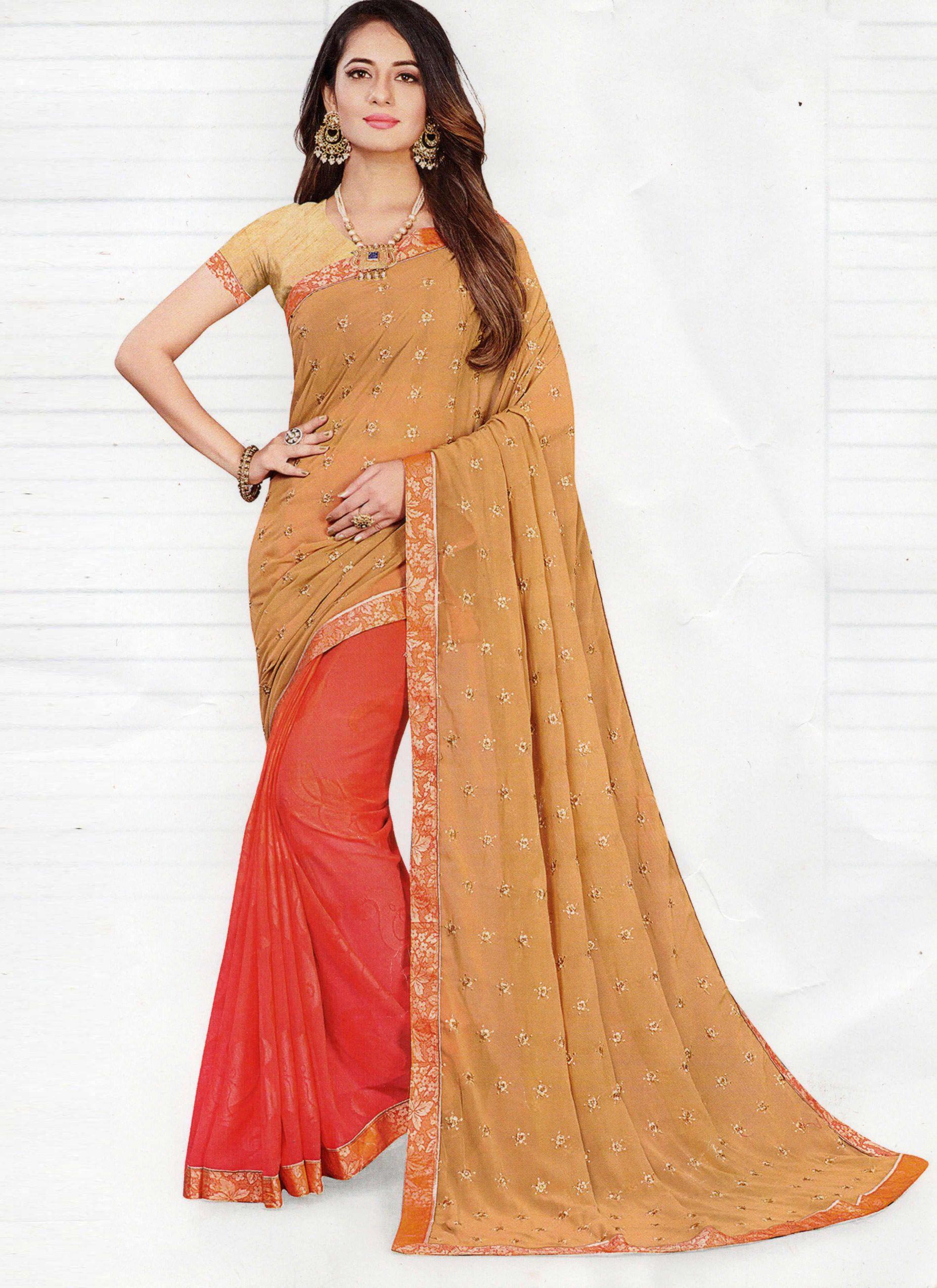 Maroon and Peach Faux Chiffon Designer Half N Half Saree -