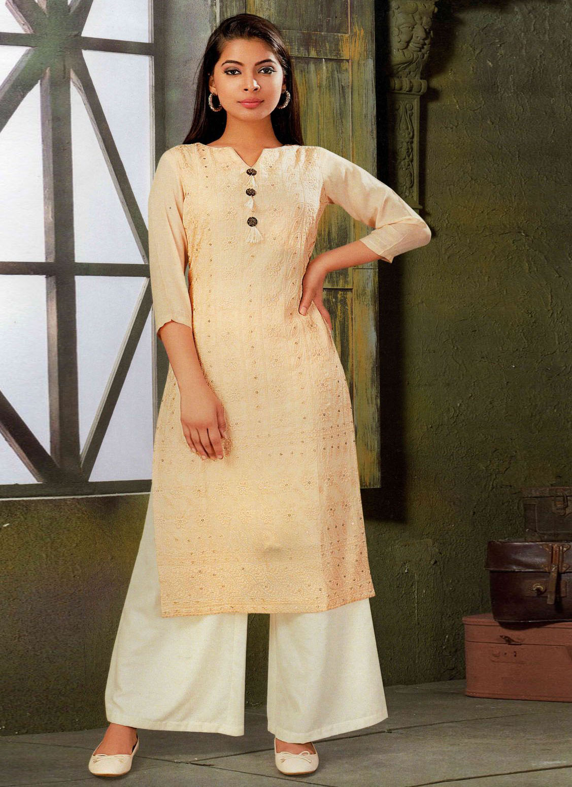 Unstitched Embroidered Cream Color Salwar Suit Combination