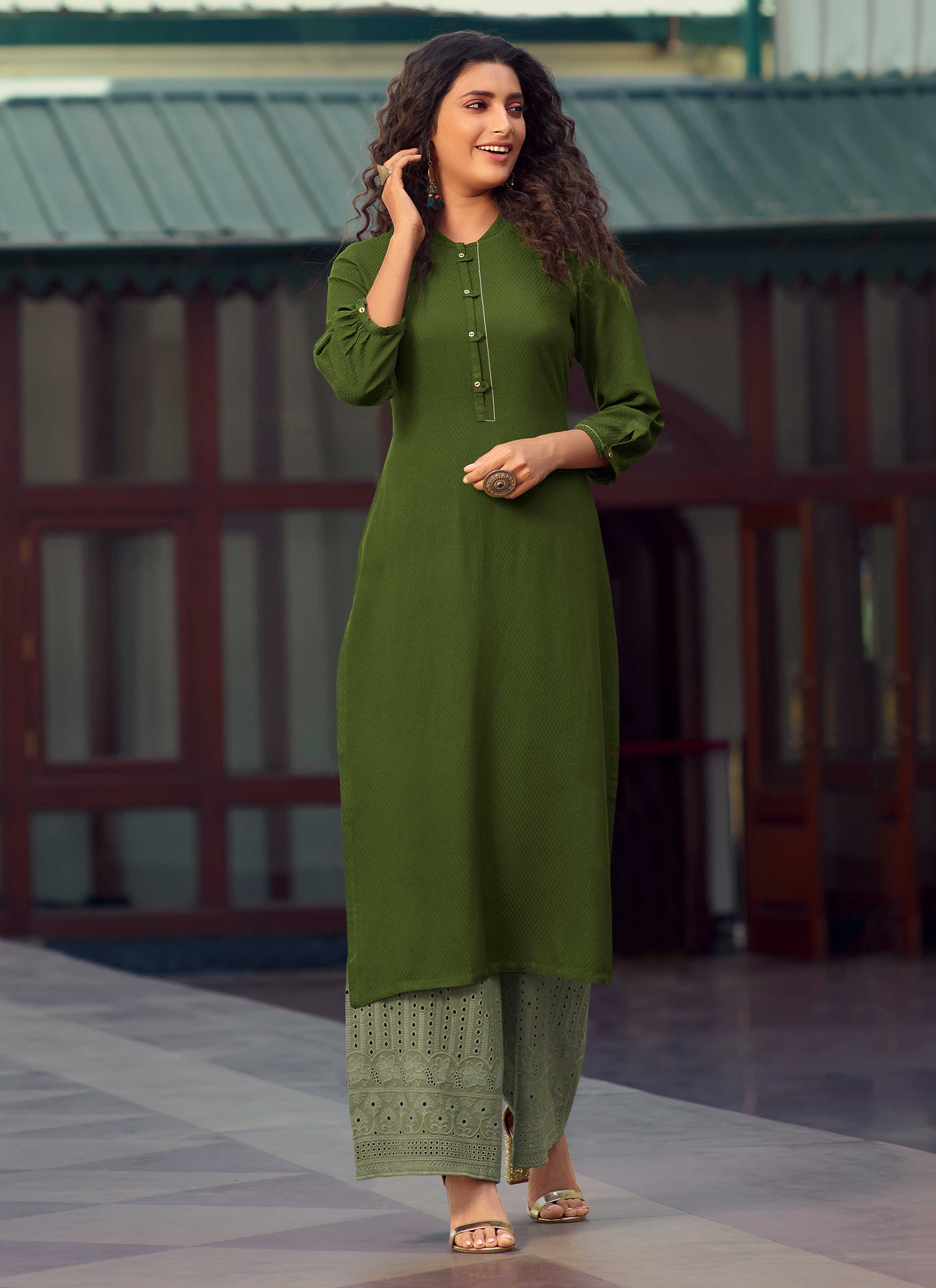 Olive Green Linen Kurti with Hand work on Yoke ( Unstitched )