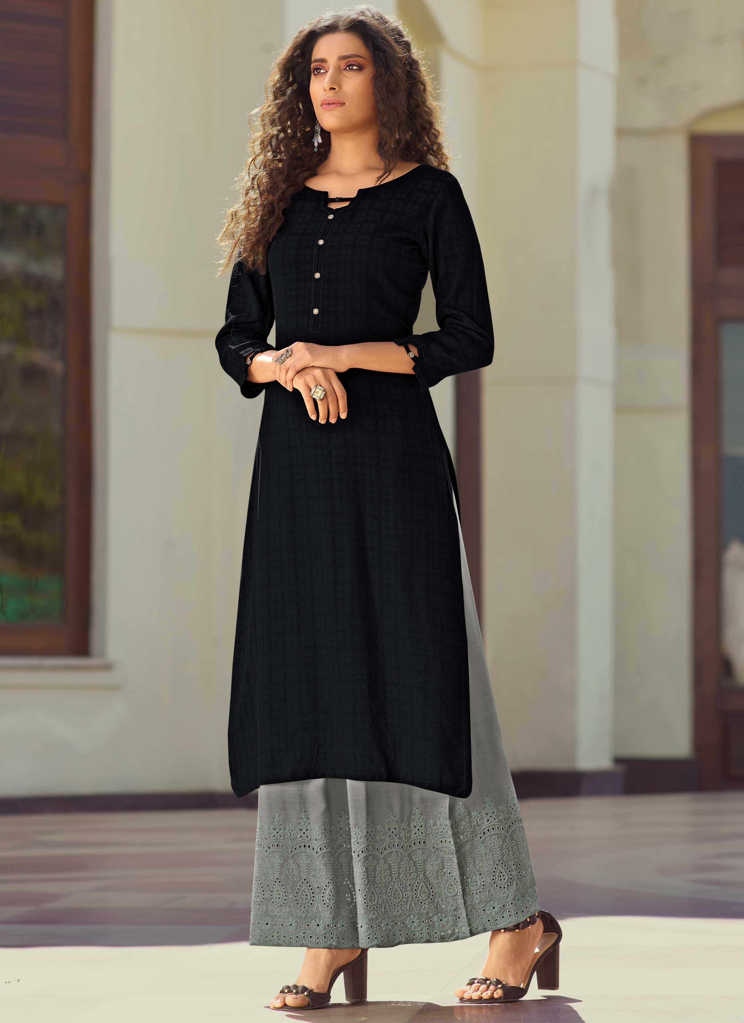 Black Embroidery Kurti with Yellow Printed Palazzo: Gift/Send Fashion and  Lifestyle Gifts Online J11026963 |IGP.com