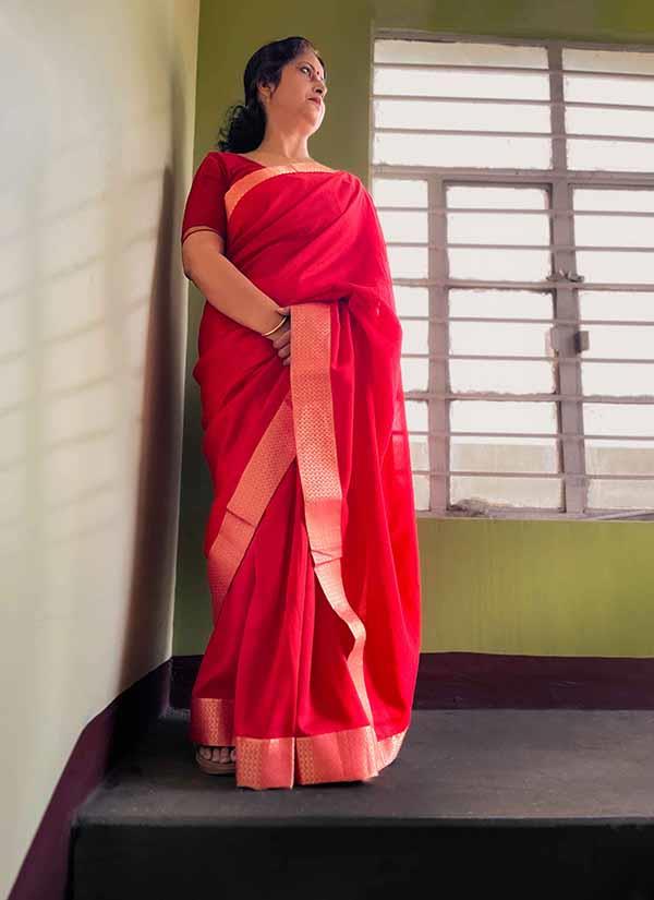 Red Soft Vichitra Silk Saree With Zari Lace Border