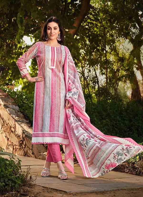 Pink And Grey Striped Pure Cotton Suit With Mulmul Dupatta