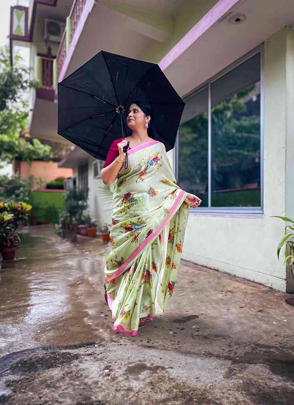 Floral Print Luminary Green Soft Satin Silk Saree