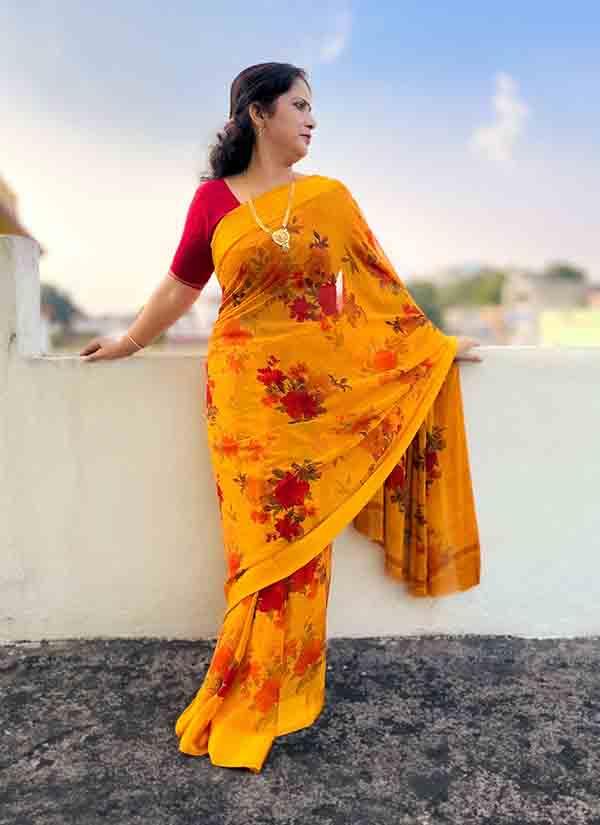 Floral Printed Mustard Yellow Soft Chiffon Saree With Satin Border