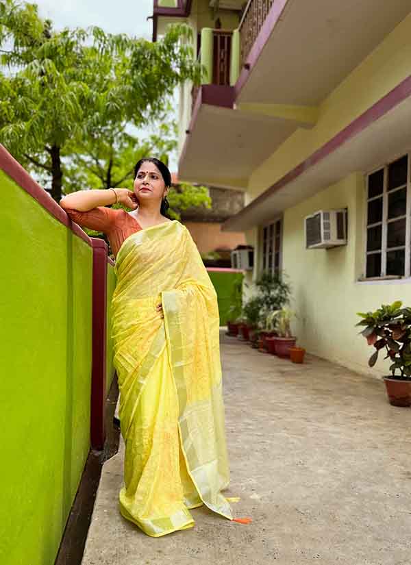 Fine Resham Embroidered Yellow Soft Linen Saree
