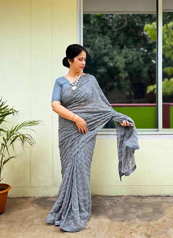 Pure Georgette Grey Sequin Saree