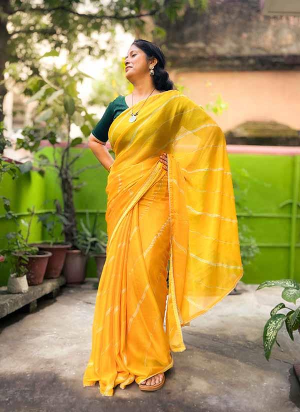 Yellow Moss Chiffon Leheriya Saree