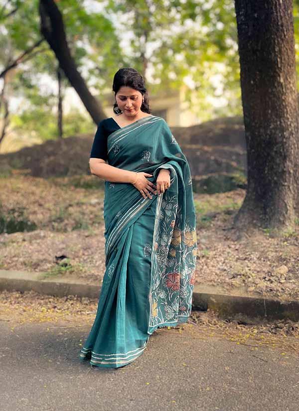 Teal Coloured Handloom Chanderi Cotton Saree