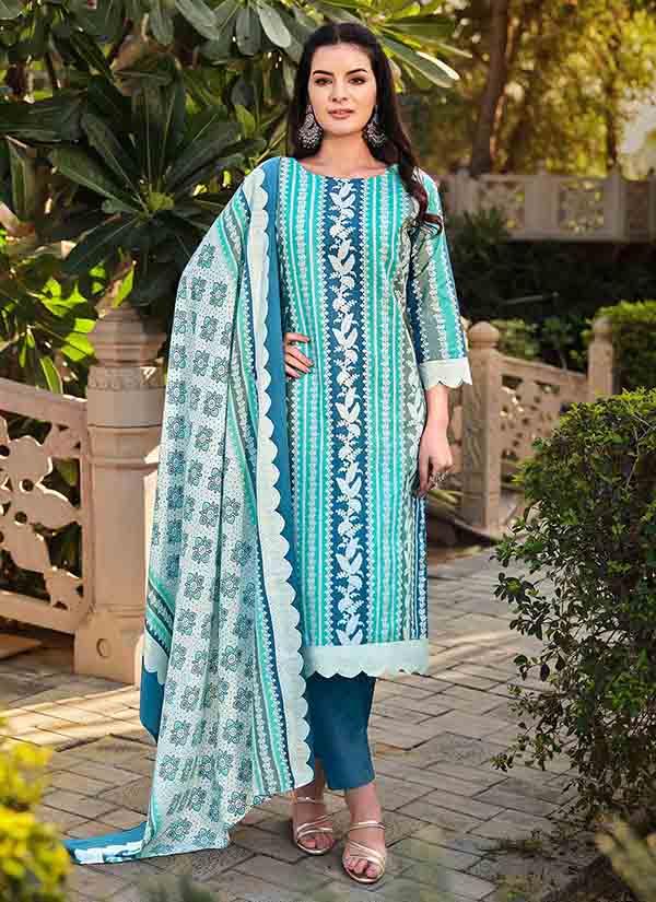 Sea Green Striped Pure Cotton Suit With Mulm