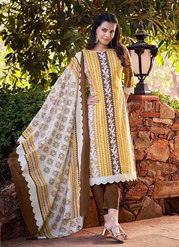 Yellow And Brown Striped Pure Cotton Suit Wi