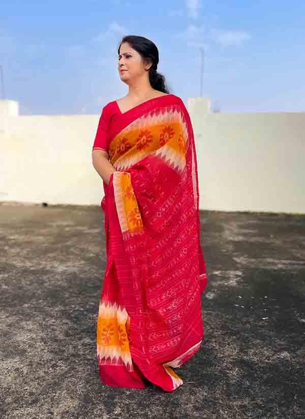 Red & Yellow Pure Mulmul Saree