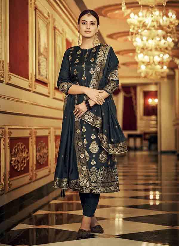 Zari Worked Charcoal Grey Banarasi Dola Silk Suit