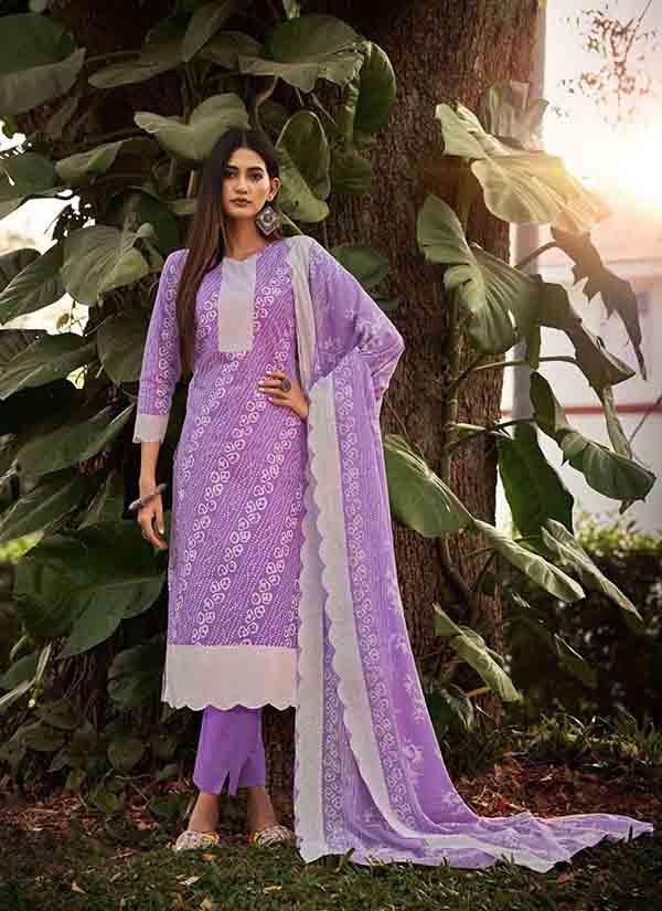 Leheriya With Bandhej Print Pure Cotton Lavender Suit Material
