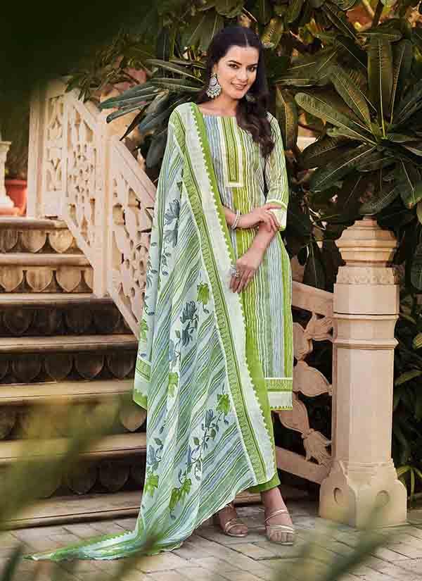 Green Striped Pure Cotton Suit With Mulmul D