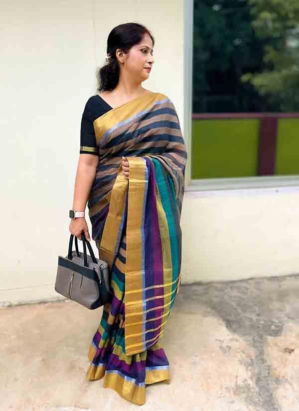 Striped Cotton Silk Saree With Golden Border