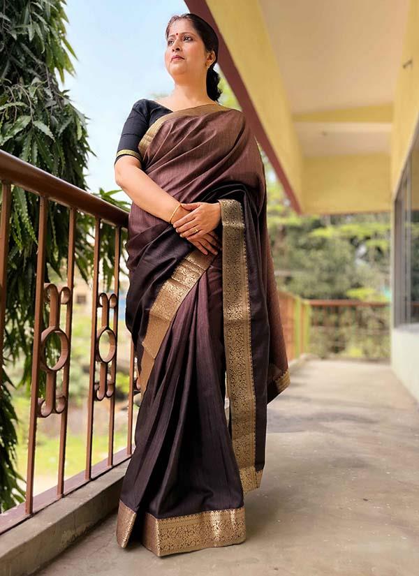 Taupe & Brown Ombre Dyed Soft Vichitra Silk Saree