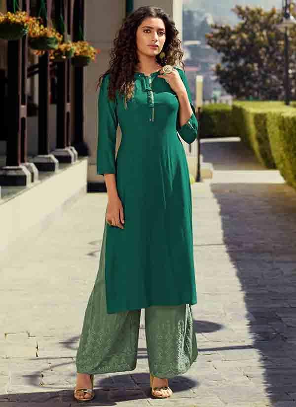 Parrot Green Embroidered Cotton Kurti