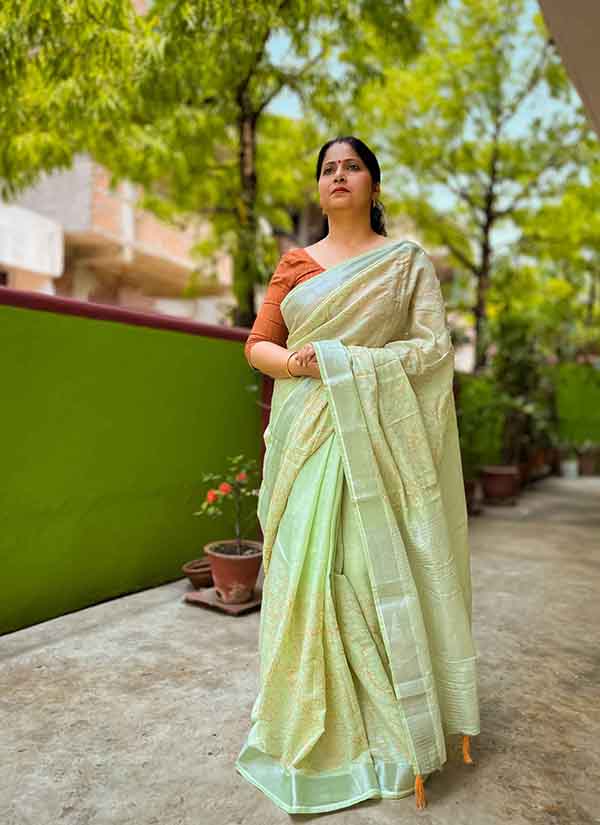 Fine Resham Embroidered Tea Green Soft Linen Saree