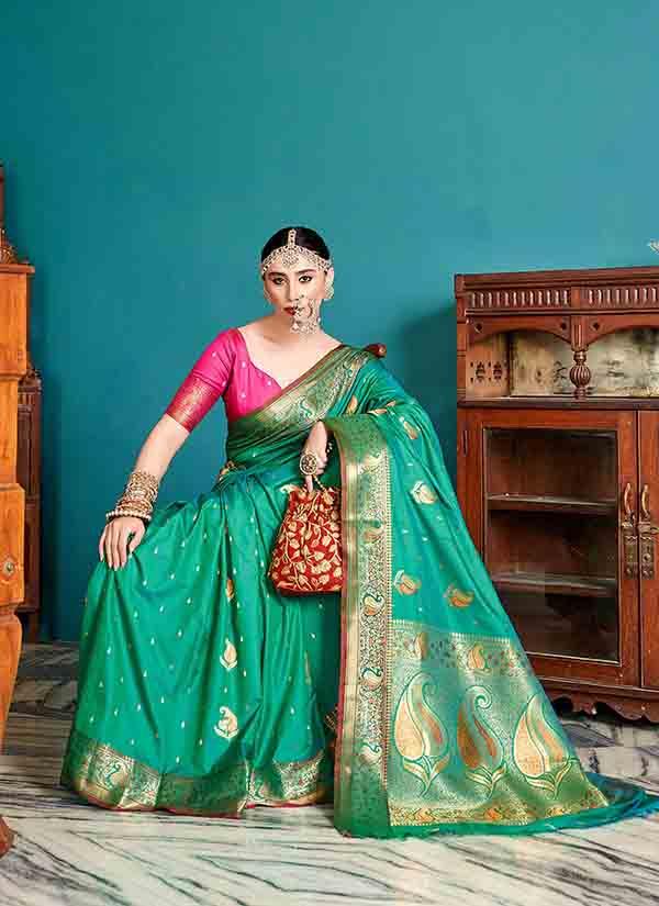 Light Green Banarasi Silk Saree With Antique Zari Work