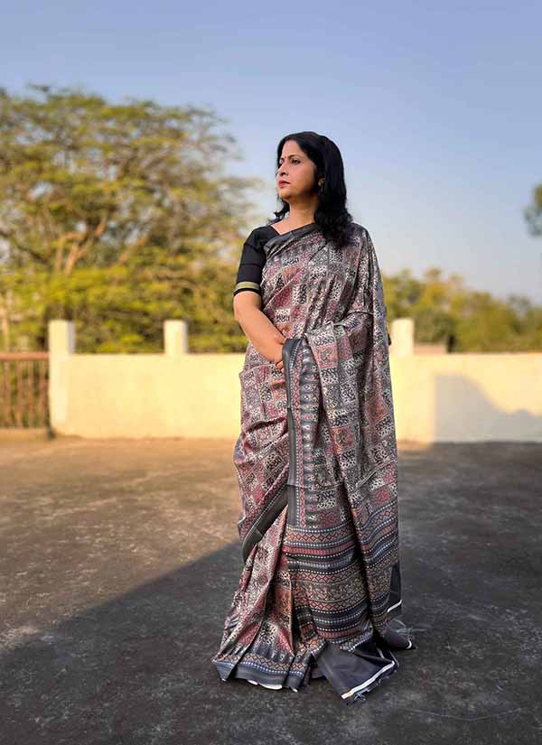 Ajrakh Print Soft Silk Saree