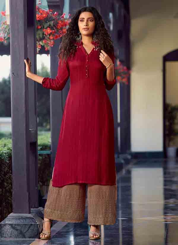 Lovely Barn Red Embroidered Work Georgette Kurti Plazo For Function We   Urban Fashion