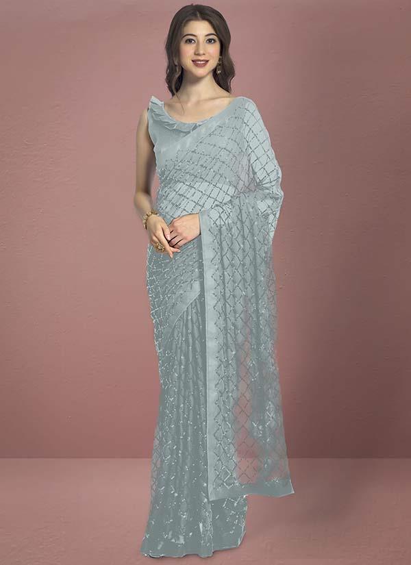 Pure Georgette Grey Sequin Saree