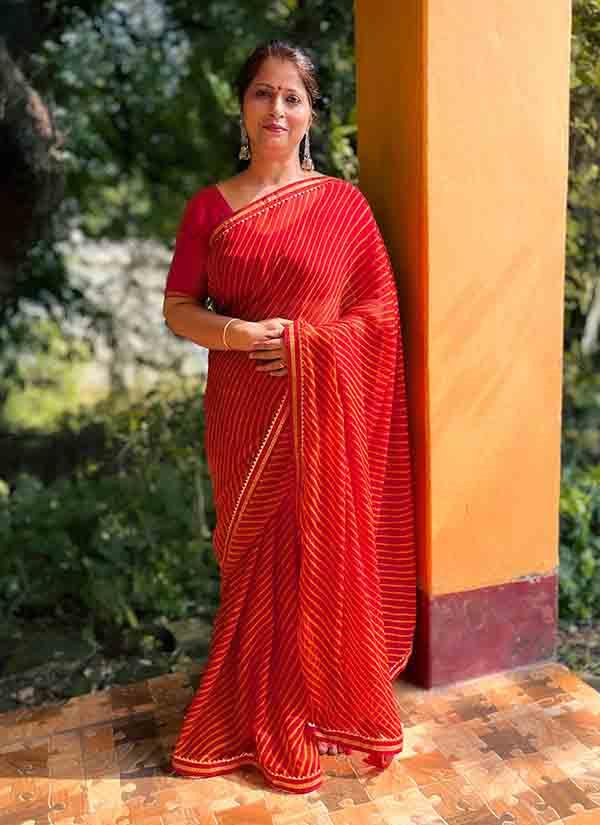 Leheriya Print Red Pure Chiffon Saree With Gota Patti Border