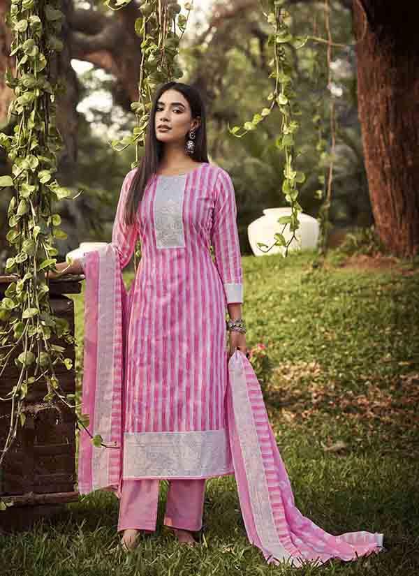 Striped Pure Cotton Pink Suit Material