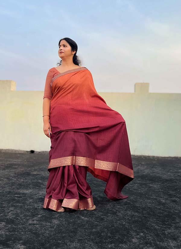 Maroon & Orange Ombre Dyed Soft Vichitra Silk Saree